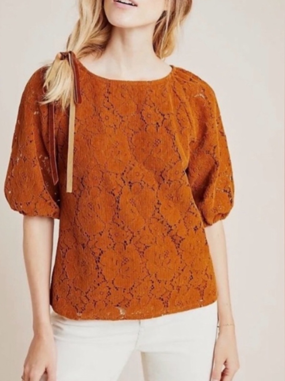 Dolan / Anthropologie Rust Brown Corduroy Lace Puff-Sleeve Women’s Tunic Top